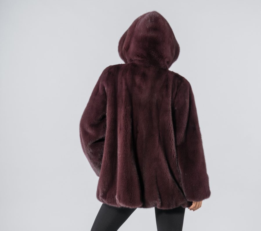 Maroon Mink Fur Hooded Coat