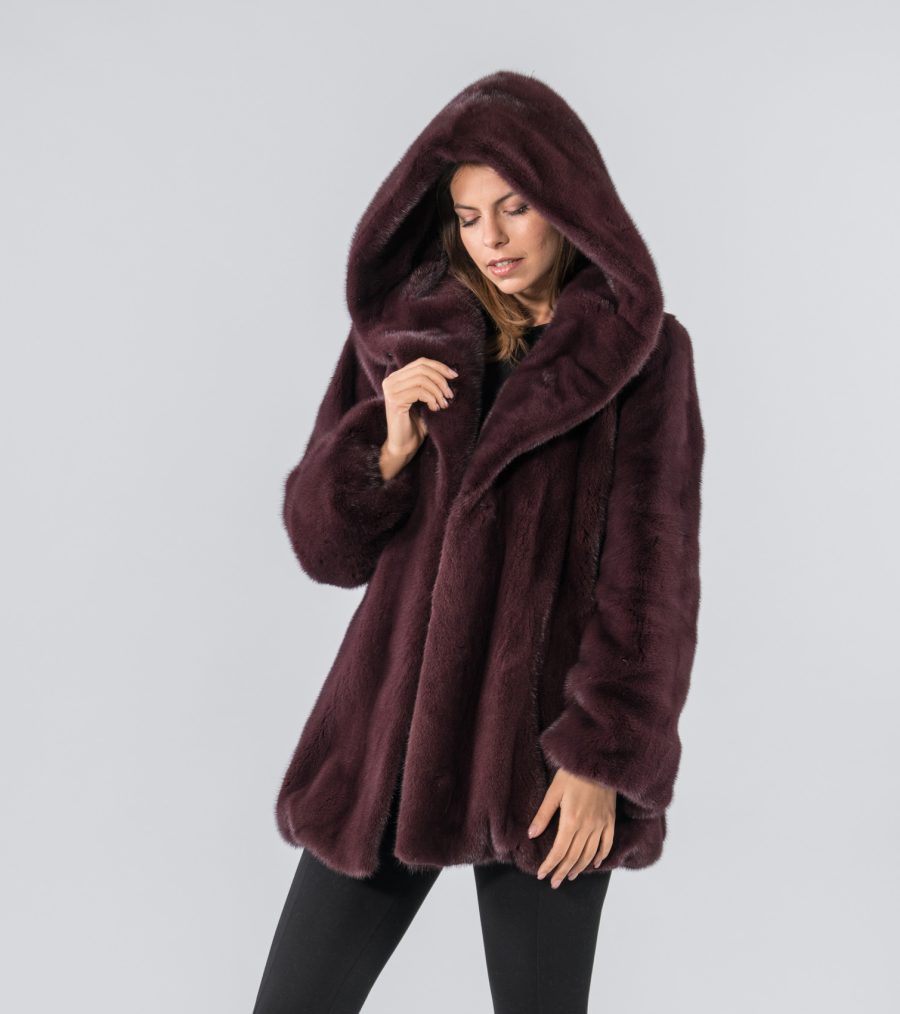 Maroon Mink Fur Hooded Coat Womens - 100% Real Fur - Haute Acorn