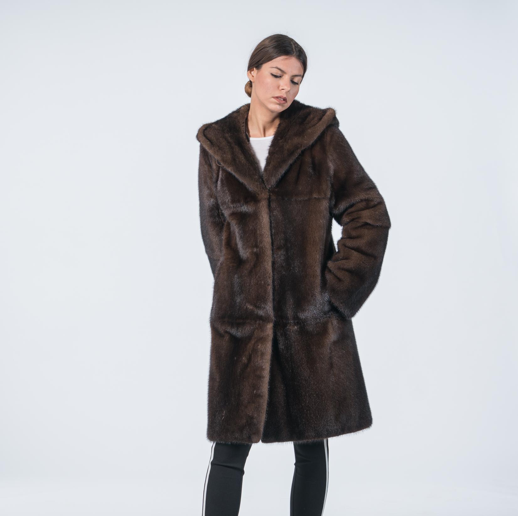 Mahogany Mink Fur Coat With Hood - 100% Real Fur - Haute Acorn
