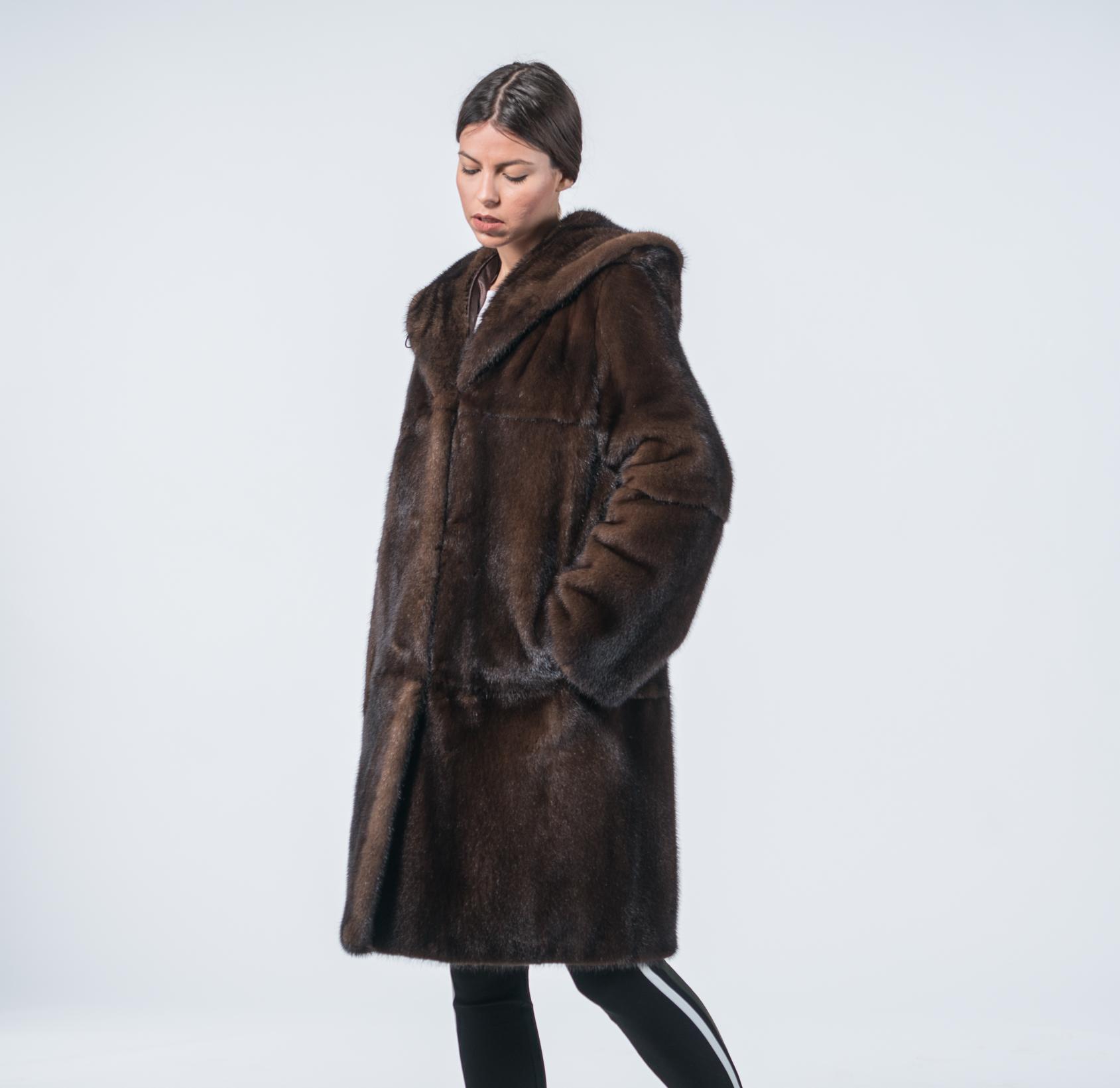 Mahogany Mink Fur Coat With Hood - 100% Real Fur - Haute Acorn