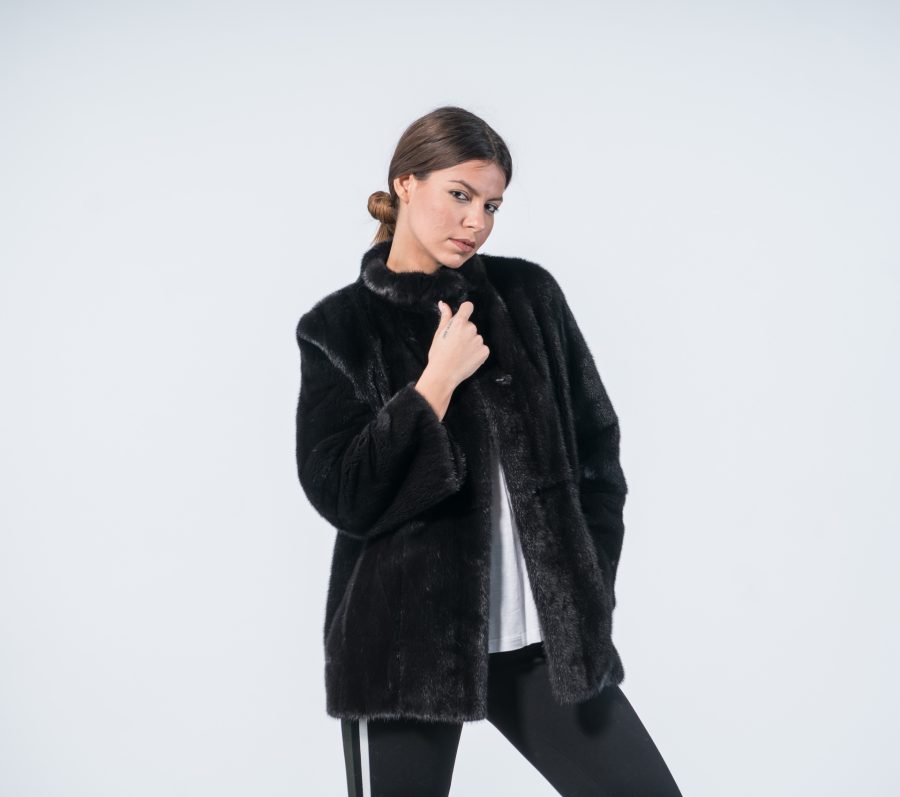 Black Mink Fur Jacket With Short Collar
