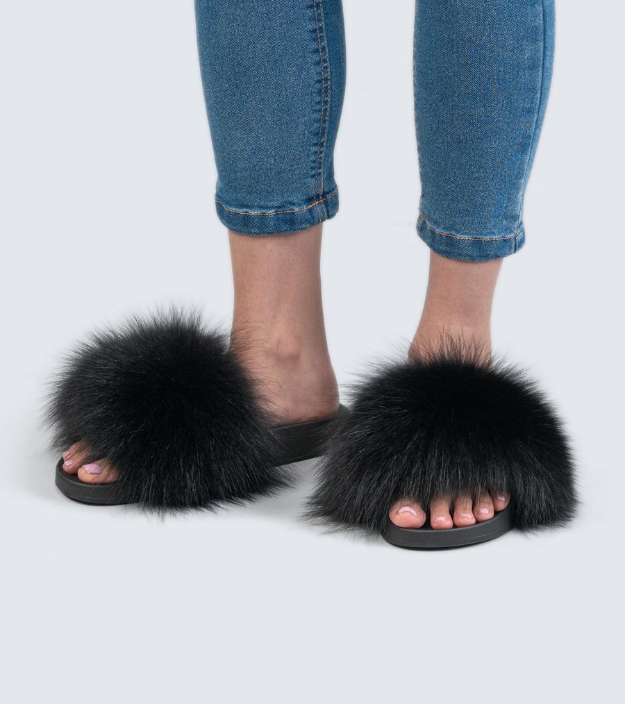 Black Chyna Fox Fur Slides