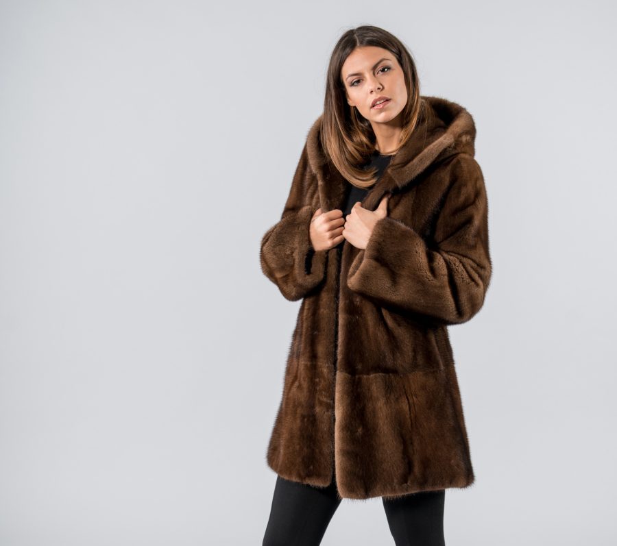 Glow Brown Mink Fur Jacket With Hood - 100% Real Fur Coats - Haute Acorn