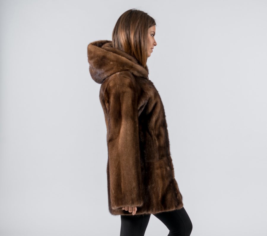 Glow Brown Mink Fur Jacket With Hood