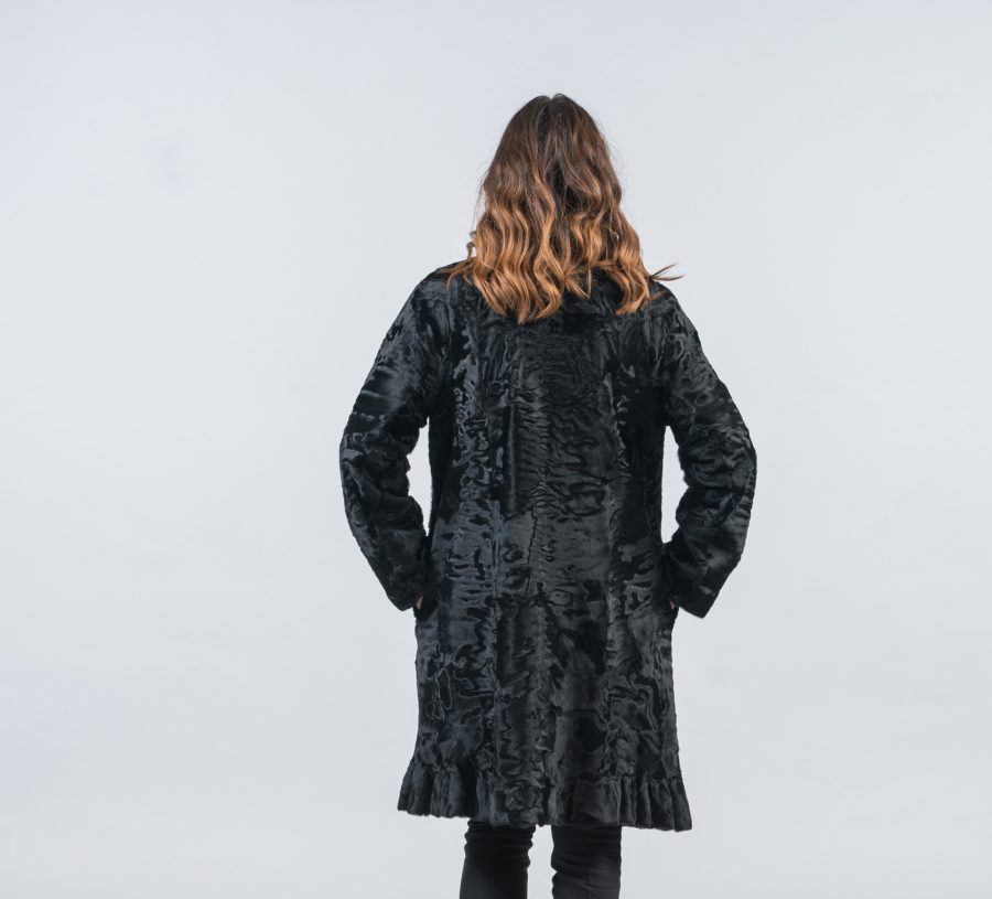 Black Astrakhan Fur Jacket With Short Collar