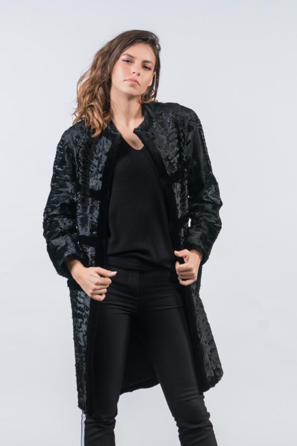 Black Astrakhan Fur Jacket With Mink Details