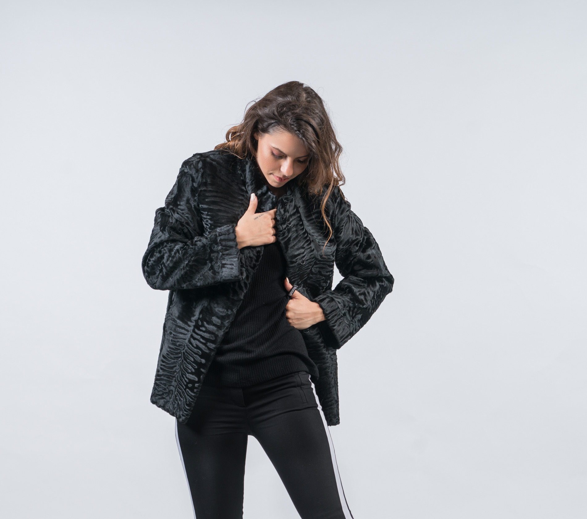 Black Short Fur Astrakhan Jacket-100% Real Fur Coats - Haute Acorn