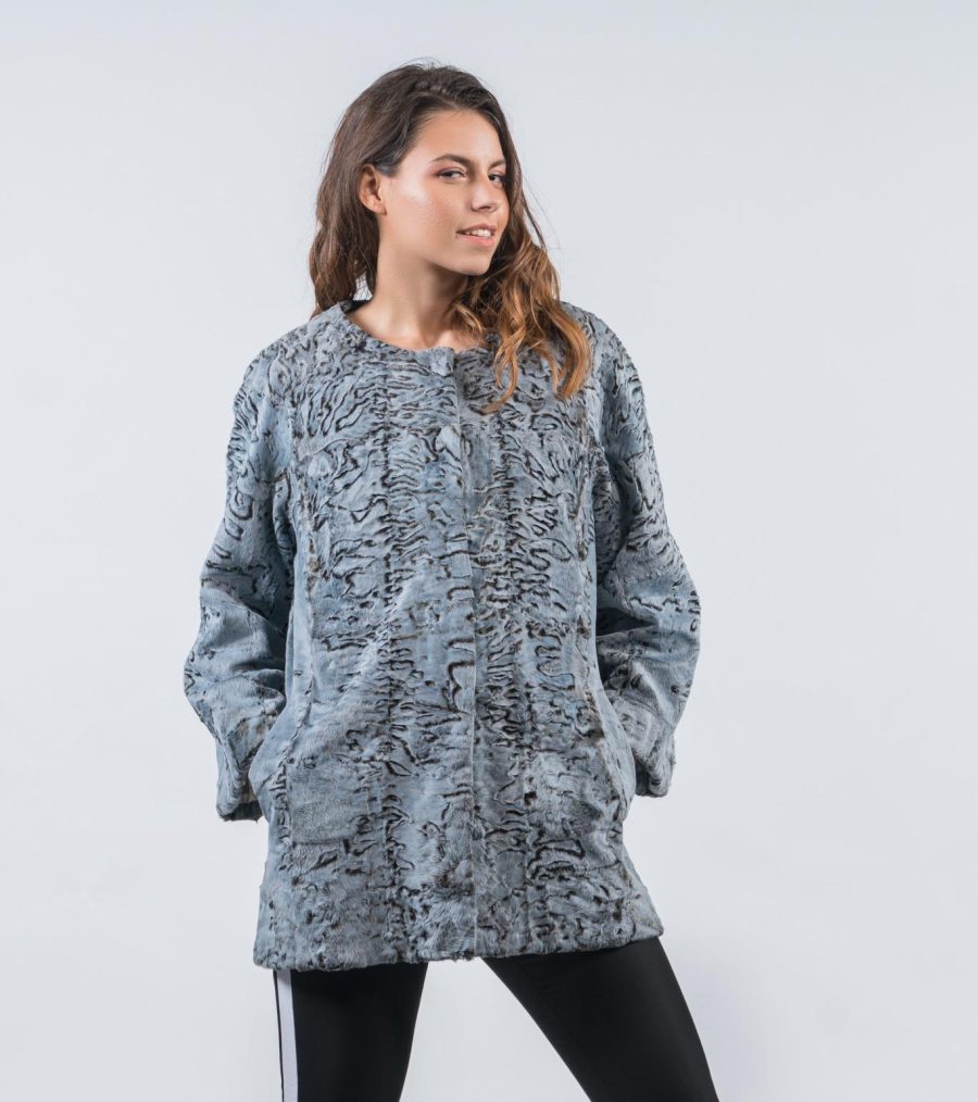 Light Blue Fur Astrakhan Jacket -100% Real Fur Coats - Haute Acorn