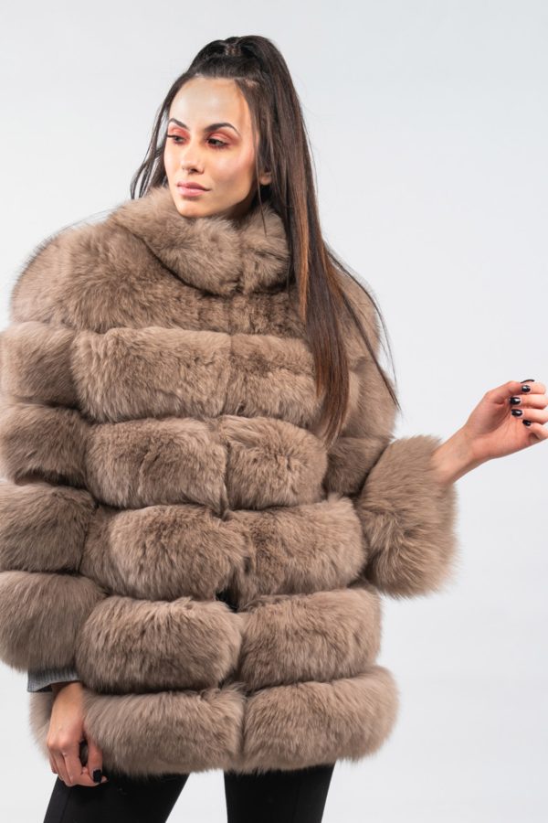 Beige Fox Fur Jacket With Collar
