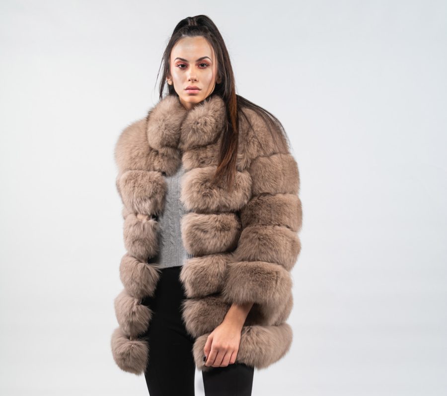Beige Fox Fur Jacket With Collar