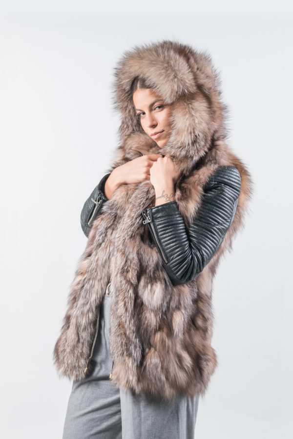 Cropped Fox Fur Vest With Hood