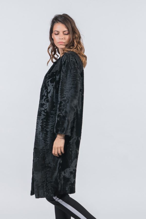 Black Fur Astrakhan Jacket With Lace At Shoulders