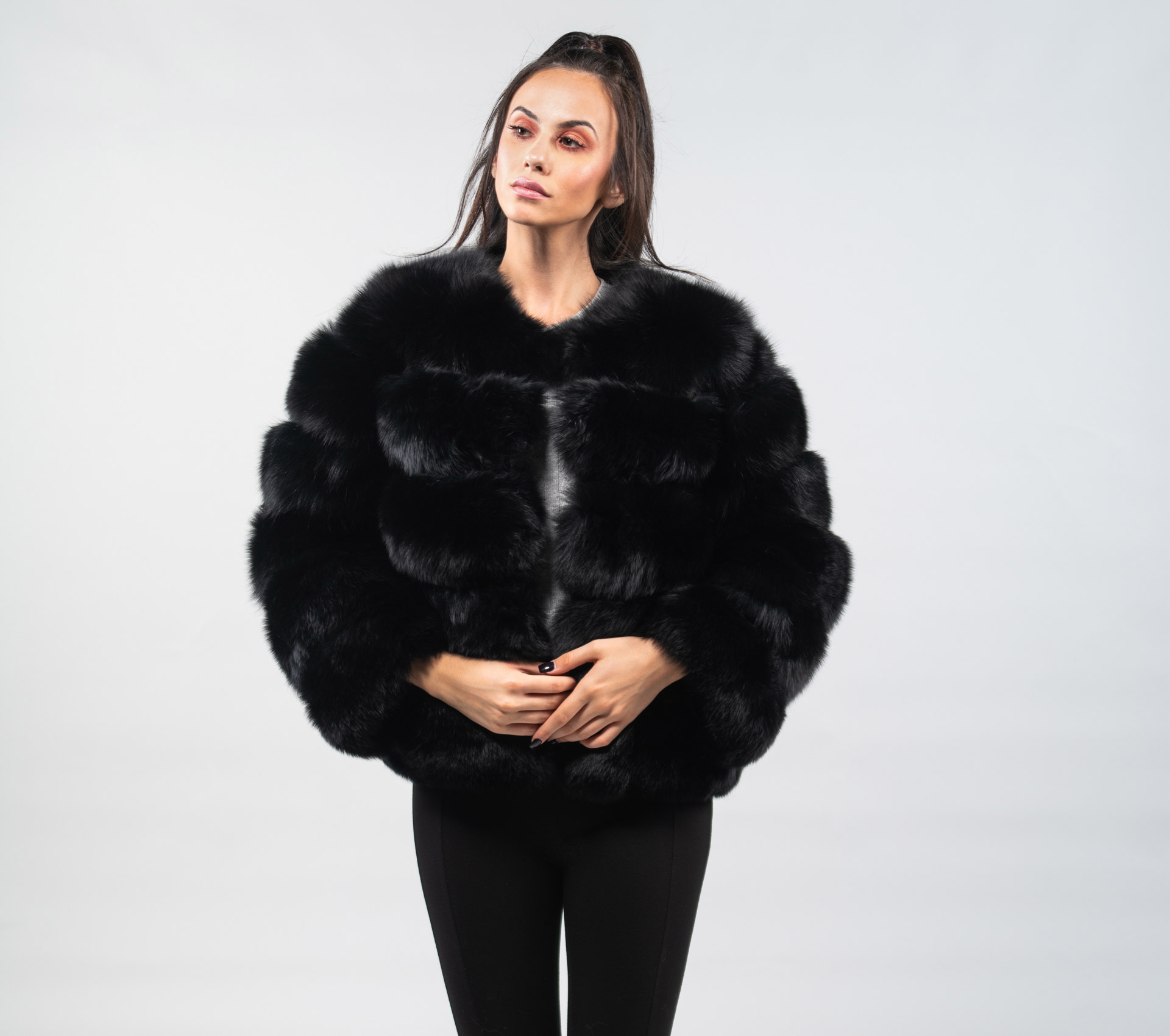 Haute Acorn Short Fox Fur Jacket in Black Color