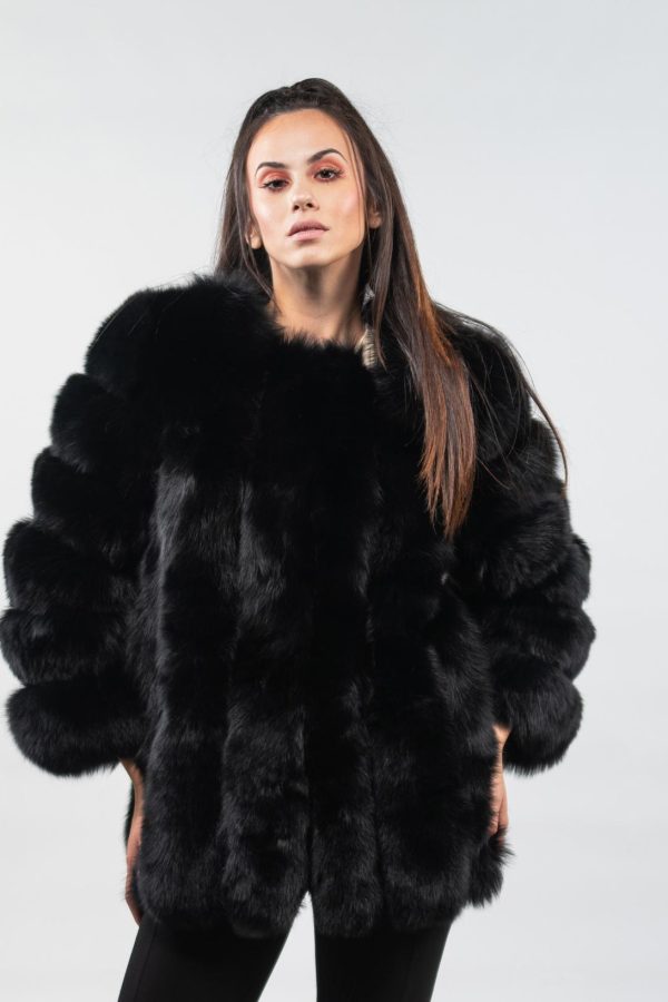 Black Vertical Fox Fur Jacket