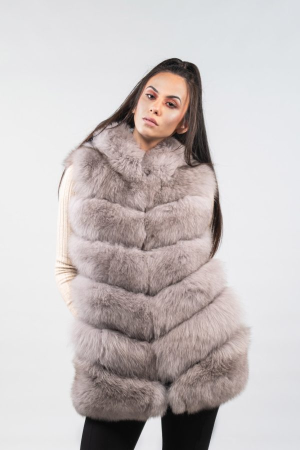 Light Gray Fox Fur Gilet With Hood