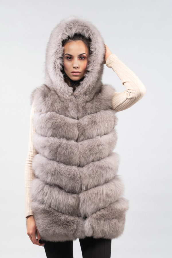 Light Gray Fox Fur Gilet With Hood