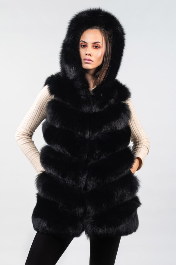 Black Fox Fur Gilet With Hood