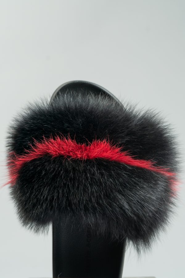 Black Fox Fur Slides With Red Stripe