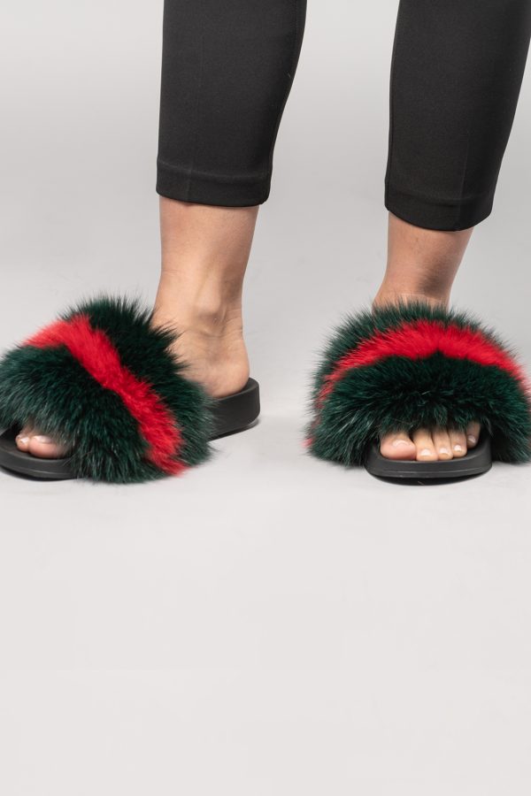 Forest Green Fox Fur Slides With Red Stripe