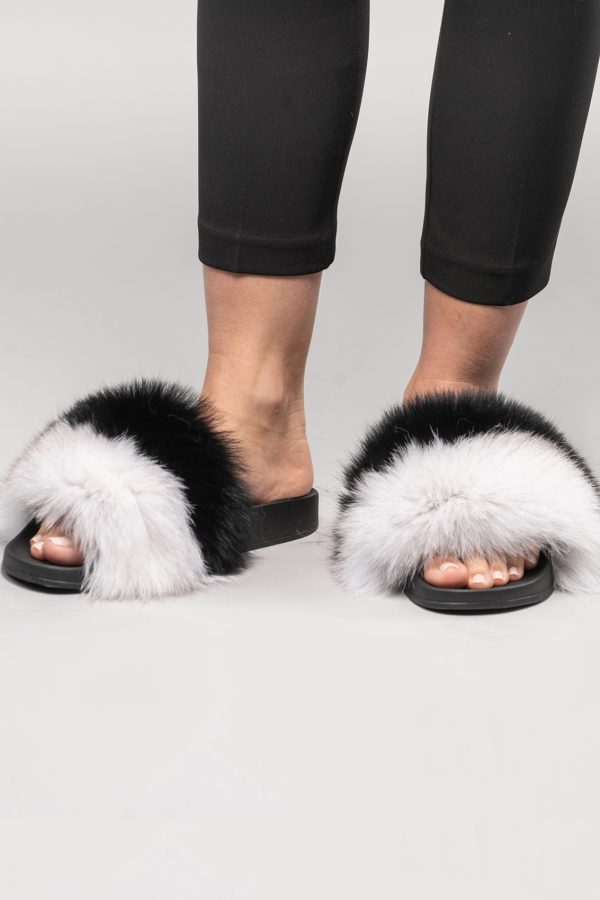 Black and White Fox Fur Slides
