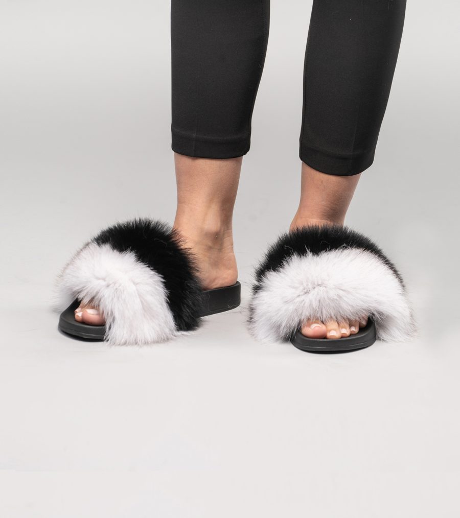 Black and White Fox Fur Slides - Made of 100% Real Fur
