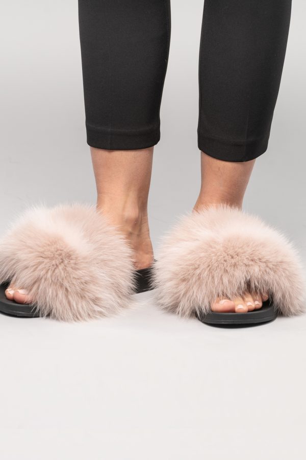 Beige Fox Fur Slides With White Stripe