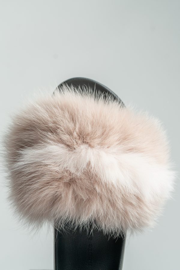 Beige Fox Fur Slides With White Stripe