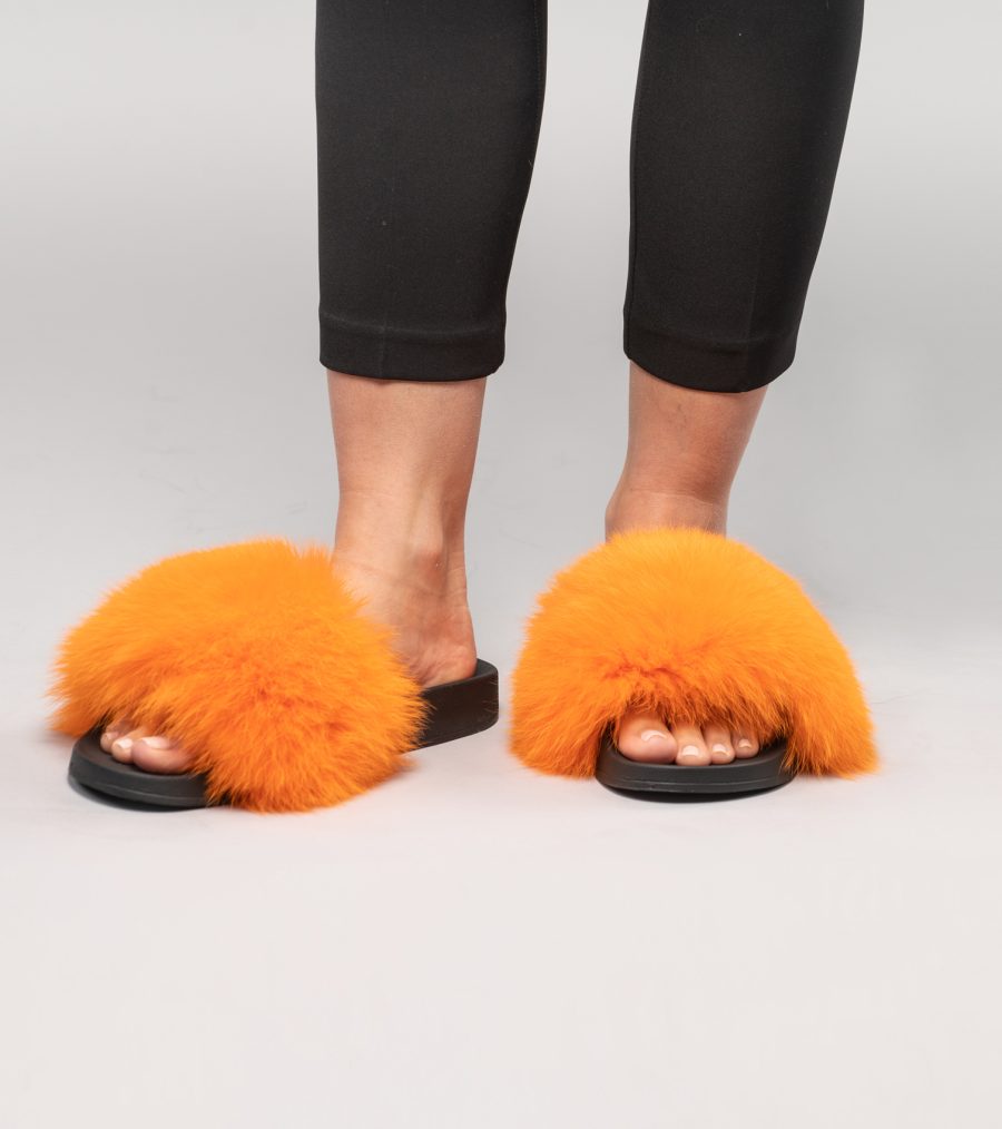 Orange Fox Fur Slides