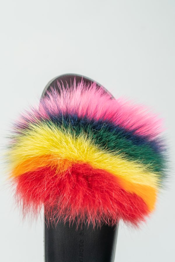 Rainbow Fox Fur Slides