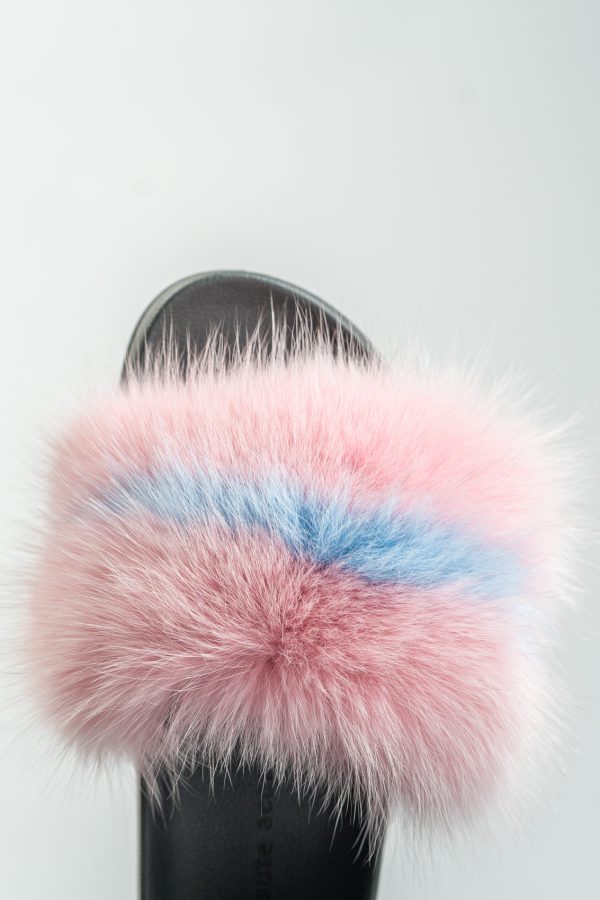 Pink Fox Fur Slides With Blue Stripe