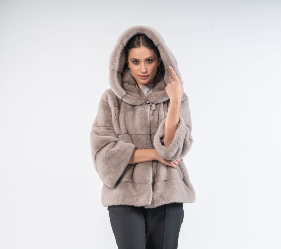 Silver Gray Mink Fur Jacket With Hood