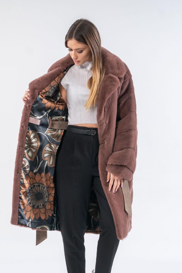 Carob Brown Mink Fur Coat With Belt