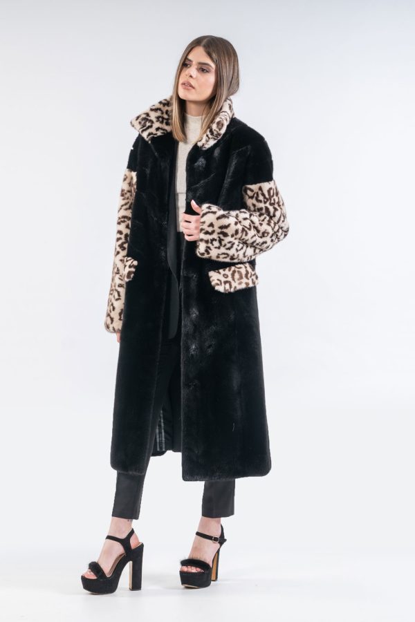 Black Long Mink Fur Coat With Leopard Print Details