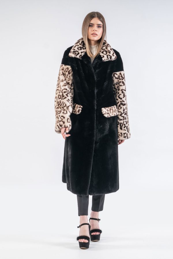 Black Long Mink Fur Coat With Leopard Print Details