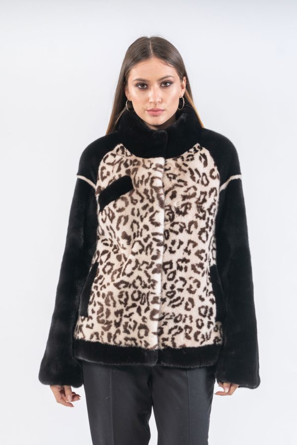 Black and Leopard Print Mink Fur Jacket