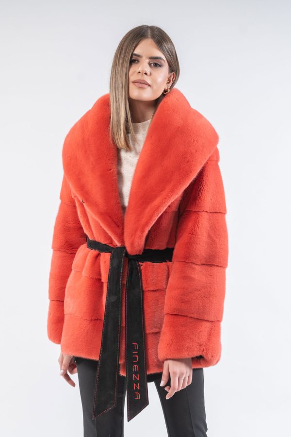 Orange Mink Fur Jacket With Belt