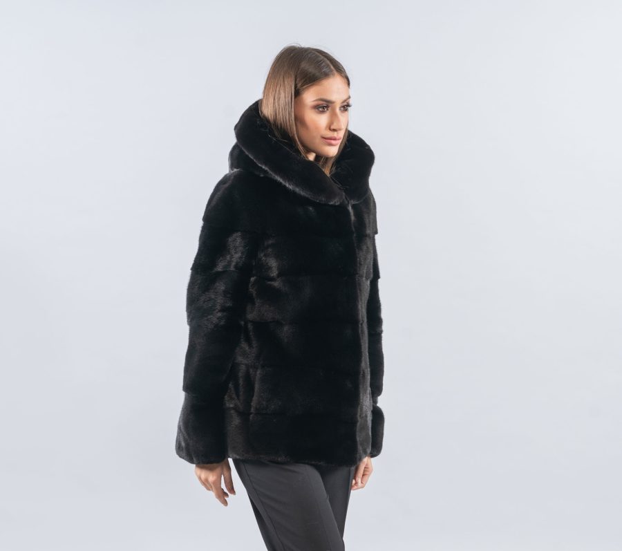 Black Velvet Mink Fur Jacket With Hood- 100% Real Fur - Haute Acorn