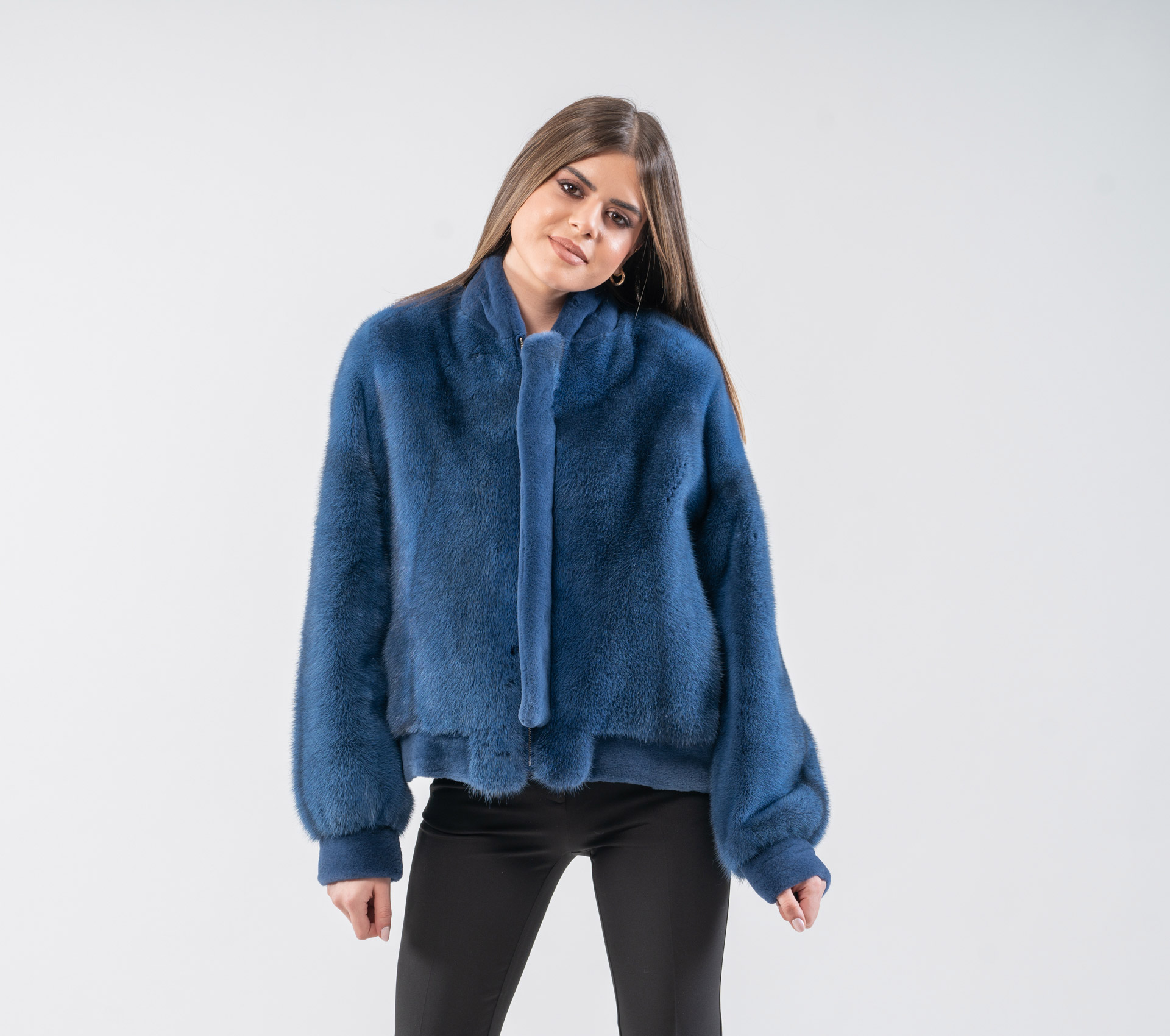 Haute Acorn Blue Mink Fur Bomber Jacket