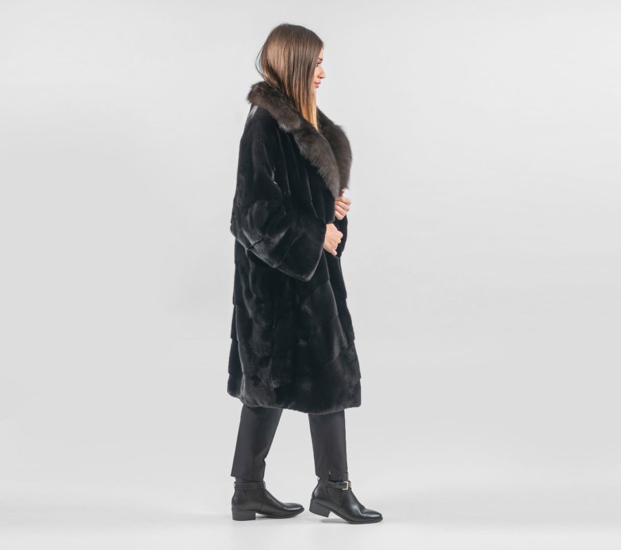 Black Mink Long Fur Jacket With Sable Collar