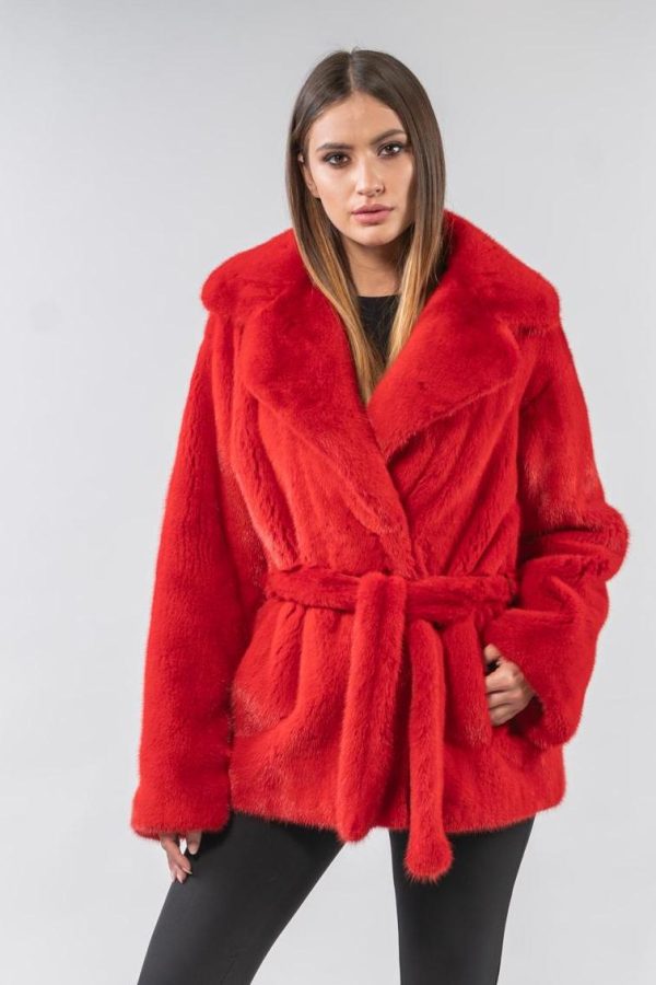Red Belted Mink Fur Jacket