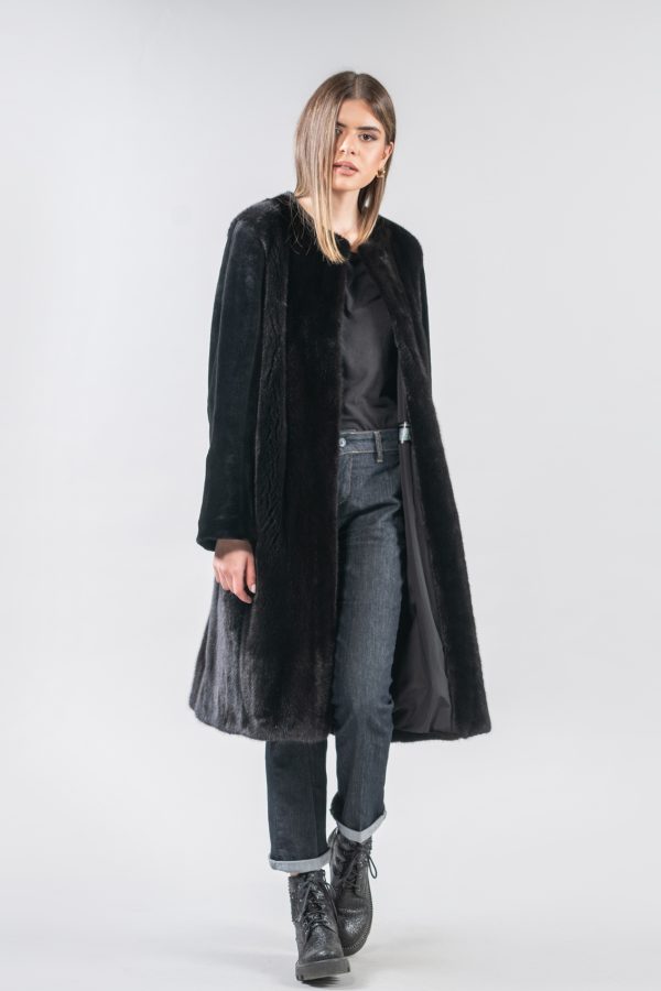 Collarless Black Mink Fur Coat