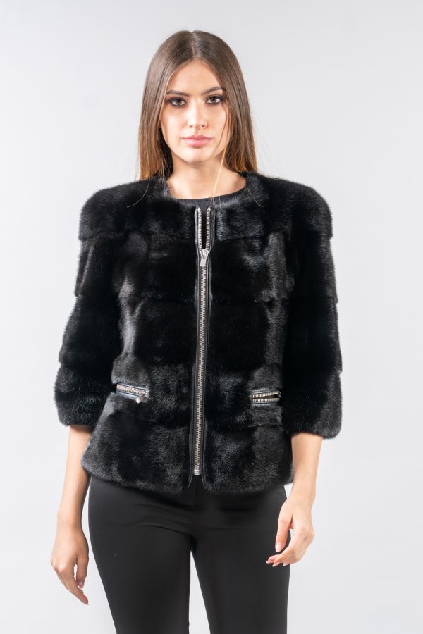 Zipper Short Black Mink Fur Jacket
