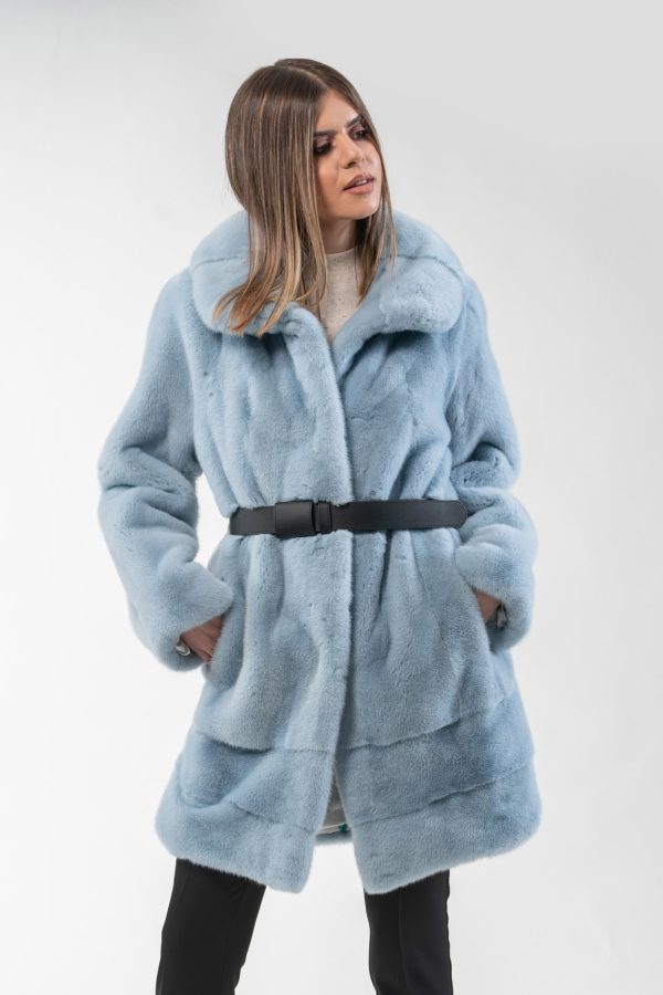 Light Blue Mink Fur Jacket With Wide Collar