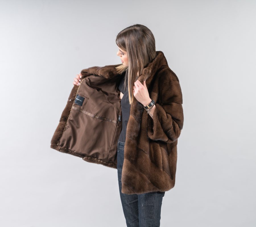 Vertical Design Ice Mink Fur Jacket With Notched Collar - Finezza Fur