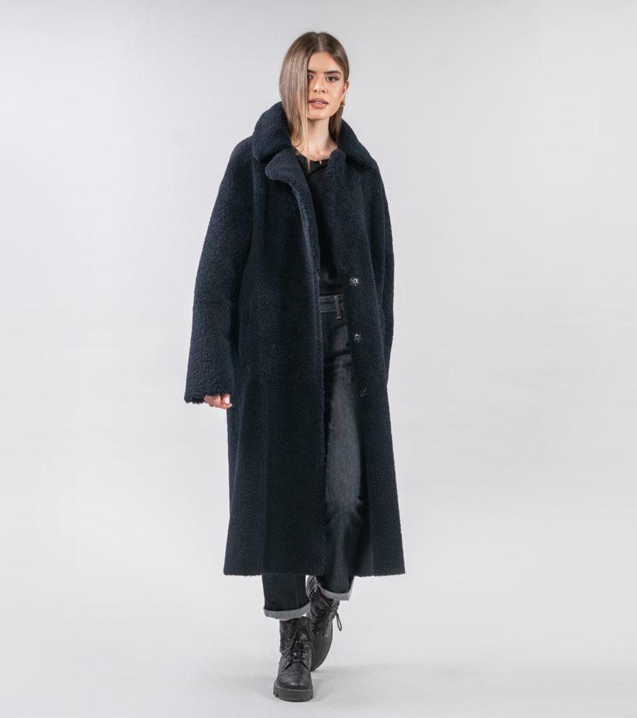 Navy Blue Shearling Coat - 100% Real Fur - Haute Acorn