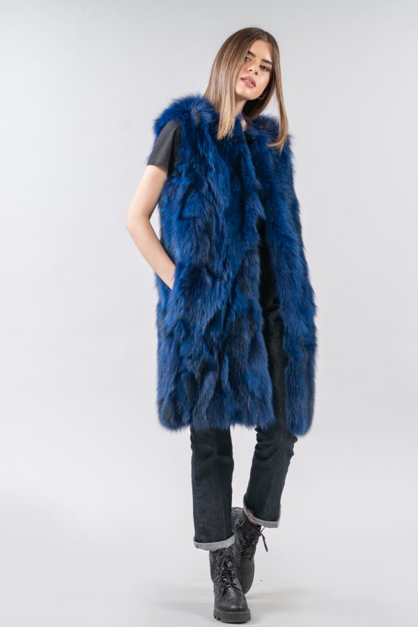 Navy Blue Cropped Fox Fur Vest