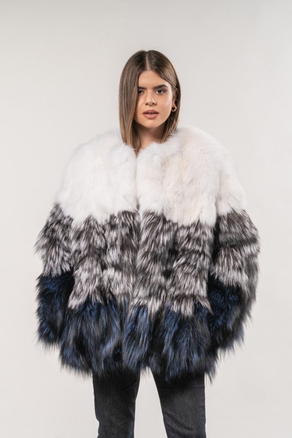 Contrast Color Striped Fox Fur Jacket