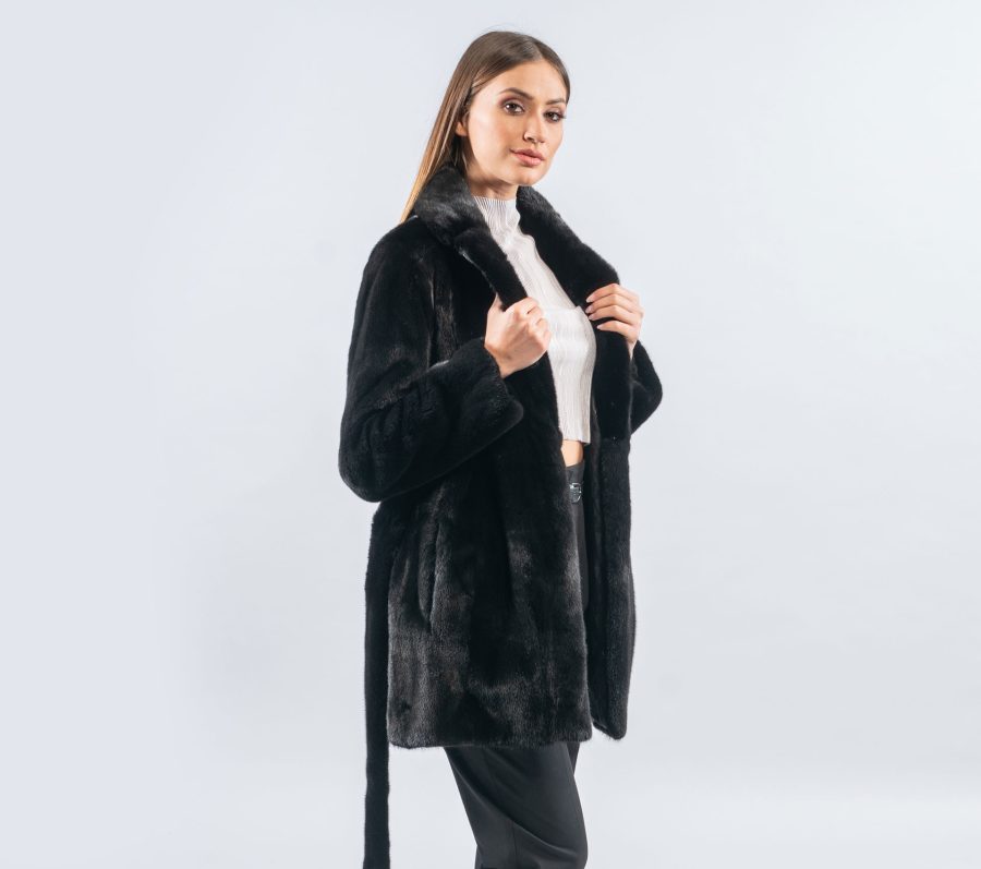 Black Velvet Mink Fur Jacket With Belt