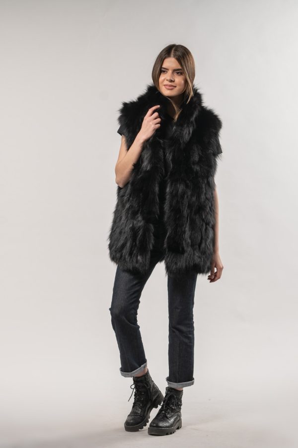 Black Fox Fur Vest With Short Collar