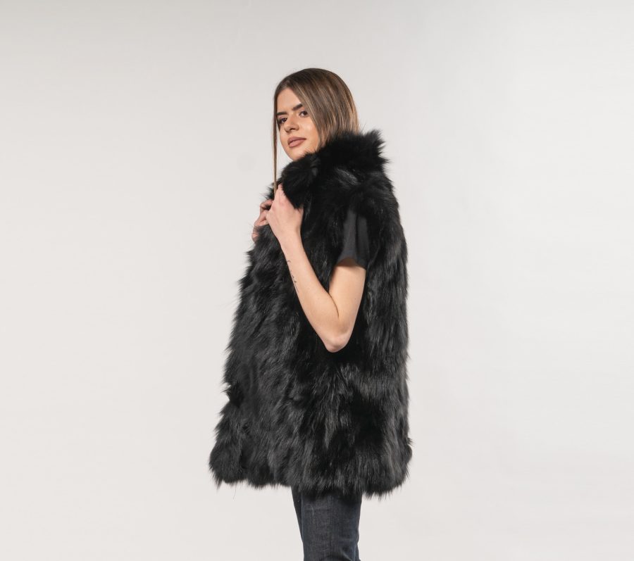Black Fox Fur Vest With Short Collar